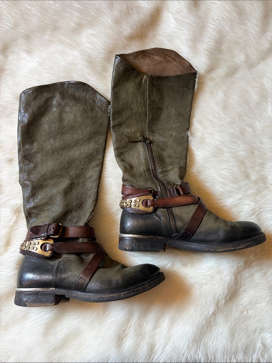 A.S.98 Shoes - Olive Green & Brown Leather Studded Harness Boots
